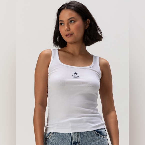 NWT - GUESS JEANS Star Slim Rib Womens Tank Top in White - Size L - Picture 1 of 4